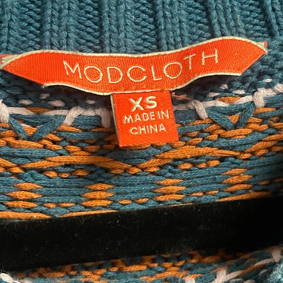 ModCloth Cotton Knit Fair Isle Sweater Orange Blue White Womens Size XS - Picture 4 of 6